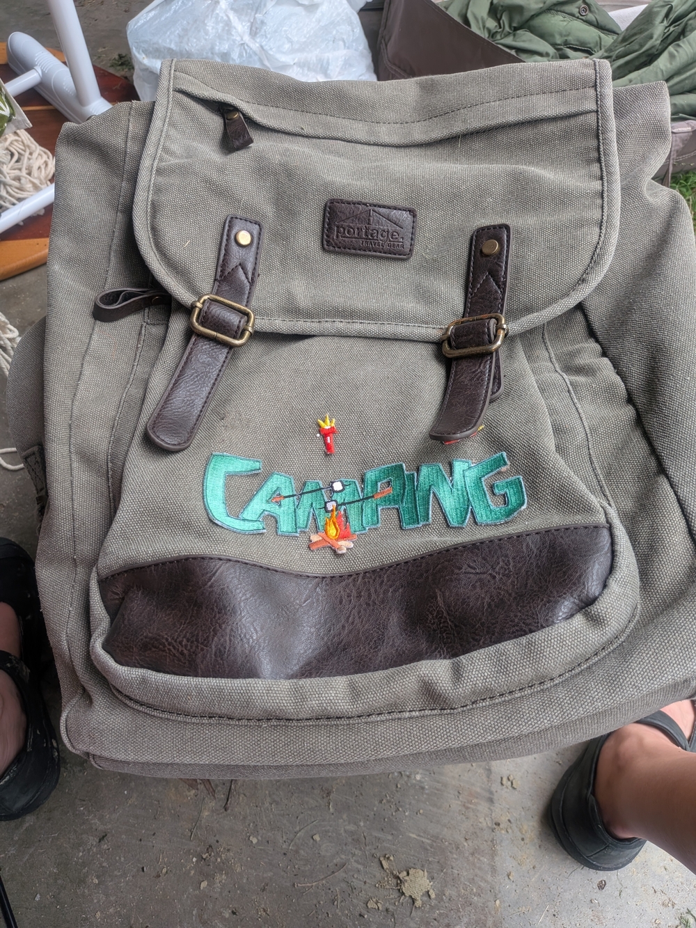 Canvas Camping Backpack with Leather Trim - Olive Green